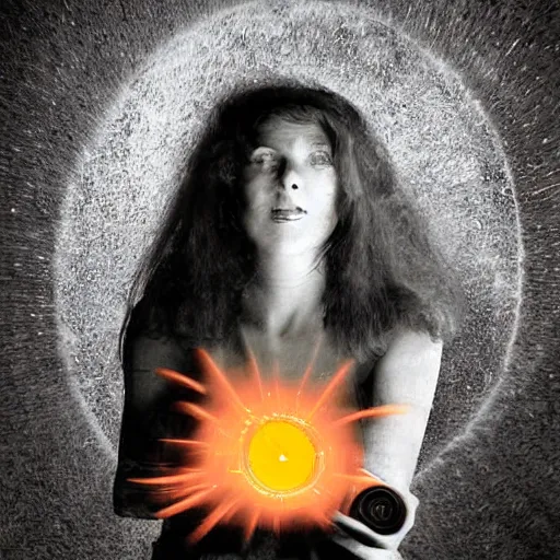 Image similar to A photograph. A rip in spacetime. Did this device in her hand open a portal to another dimension or reality?! bright orange by John Blanche offhand