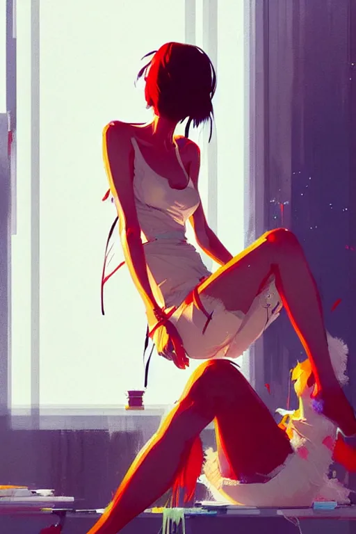 Image similar to a ultradetailed beautiful panting of a stylish woman sitting in a messy apartment, by conrad roset, greg rutkowski and makoto shinkai, trending on artstation