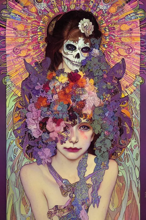 Image similar to realistic detailed psychedelic poster art of a cute Día de los Muertos girl by Victor Moscoso Rick Griffin Alphonse Mucha Ayami Kojima Amano Charlie Bowater, masterpiece