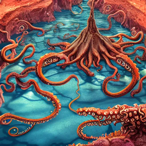 Image similar to crater lake writhing with tentacles and sea monsters, ultra detailed, highly detailed, 8 k, trending on artstation, award - winning art,