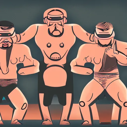 Prompt: wrestlers wearing vr headsets, vr goggles, shrugging, shrugging arms, tap out, minimalistic, trending on art station, digital illustration by matthew skiff