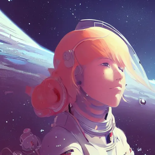 Prompt: highly detailed portrait of a young astronaut lady with a wavy blonde hair and curvy figure, by Dustin Nguyen, Akihiko Yoshida, Greg Tocchini, Greg Rutkowski, Cliff Chiang, 4k resolution, nier:automata inspired, bravely default inspired, vibrant but dreary orange, black and white color scheme!!! ((Space nebula background))