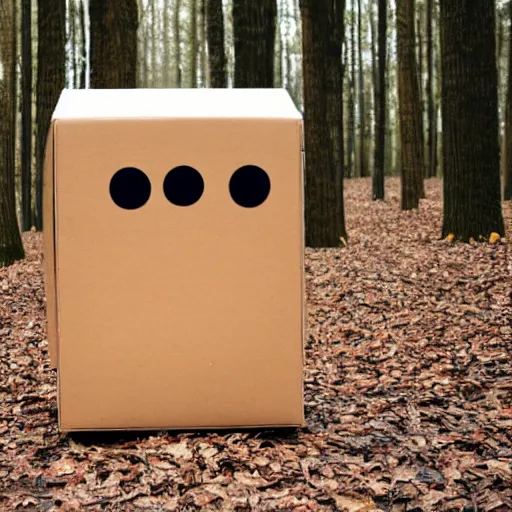 Image similar to robot made of a cardboard box, crayon face, walking through the forest