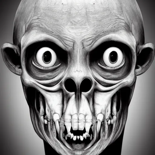 Image similar to humanoid with crooked teeth, two shallow black eyes, long open black mouth, alien looking, big forehead, horrifying, killer, creepy, sepia tint, long open black mouth, dead, looking straight into camera, realistic, slightly red, long neck, boney, monster, tall, skinny, skullish, deathly, in the style of alfred kubin