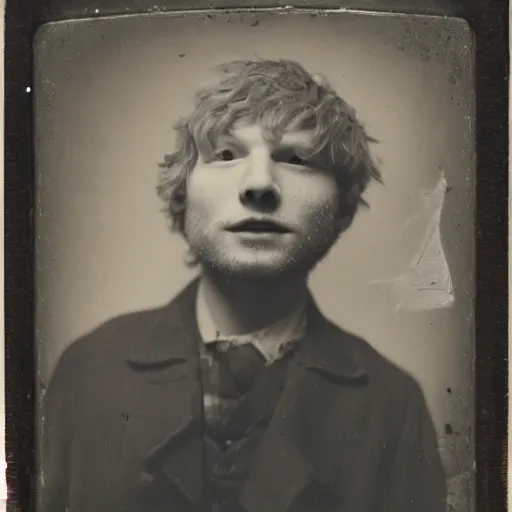 Prompt: daguerreotype ambrotype of scruffy - looking old ed sheeran in a dirty mining uniform, highly detailed,