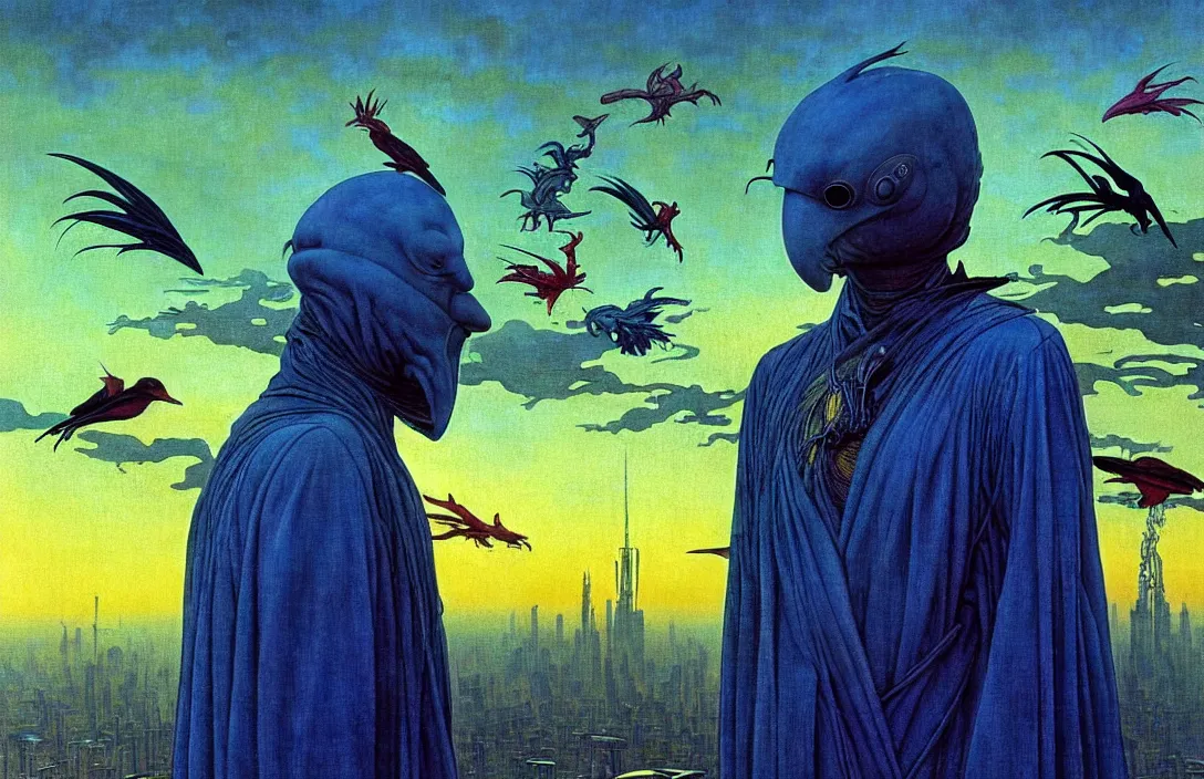 Image similar to realistic detailed portrait movie shot of a birdman wearing dark ragged robes, futuristic city sunset landscape background by denis villeneuve, amano, yves tanguy, alphonse mucha, ernst haeckel, max ernst, roger dean, masterpiece, rich moody colours, bird head, blue eyes, hyperdetailed