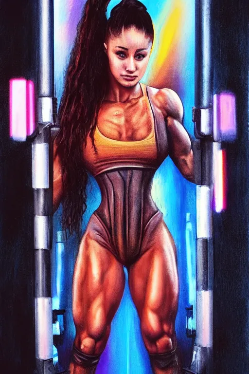 Image similar to body builder, extremely muscular ariana grande, in the style of johan grenier and john picacio and alan m. clark, trending on artstation, bioluminescence tilt - shift blade runner 2 0 4 9, crayon art, futuresynth, splash art, post - minimalism