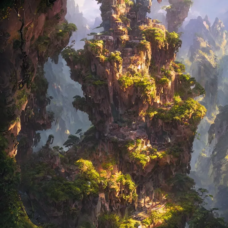 Image similar to vertical overwatch headquarters carved inside a mountain surrounding a lush garden, trimmed, magical, natural light, fantasy, sharp focus, concept art, by greg rutkowski and craig mullins, cozy atmospheric