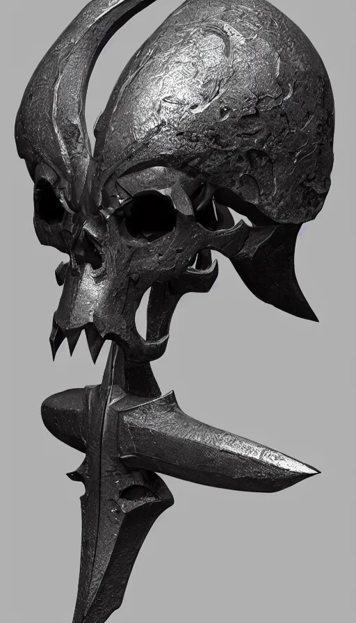 Image similar to a black long sword skull crest, orthographic, ornament, weapon, a 3 d render by dom qwek, front side views full, trending on polycount, artstation, hard surface modeling, rendered in maya, 3 ds max, blender, hd, vray, berserk guts