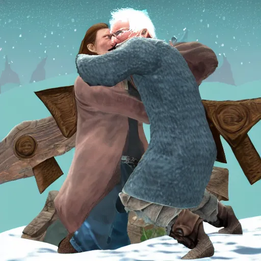 Prompt: bernie sanders hugging the dragonborn in hyrule