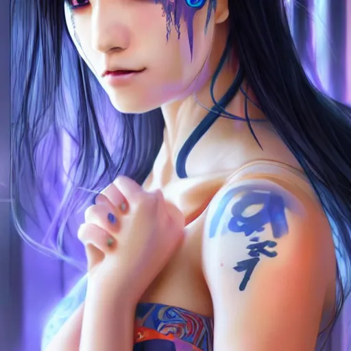 Image similar to portrait of beautiful japan cyberpunk geisha, by artgerm, nick silva, ja mong, greg rutkowsky, digital, soft painting, photorealism, skin reflections