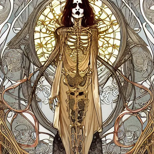 Prompt: a skeleton in a cloak, highly detailed, very intricate, art nouveau, gold filigree, tarot concept art watercolor illustration by mandy jurgens and alphonse mucha and alena aenami, featured on artstation