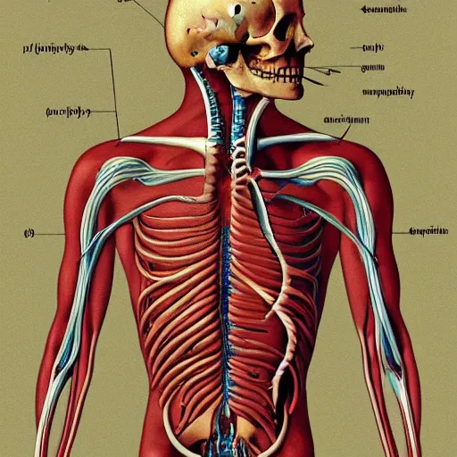 Image similar to a medical illustration of the human artery system, dissected human torso and skull, medical, simple but detailed, in style of da vinci, moebius and mucha