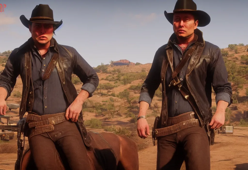 Image similar to elon musk in the red dead redemption 2, elon musk in the video game red dead redemption 2, gameplay screenshot, close up, 3 d rendering. unreal engine. amazing likeness. very detailed.