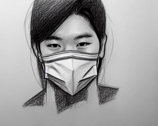 Prompt: draft drawing of a man covering her face with mask, a sketch by choro choi, thin stroke, trending on artstation, context art, pencil sketch, high detail
