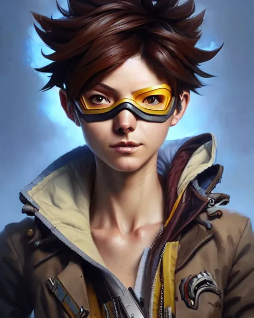 Image similar to tracer from overwatch, character portrait, concept art, intricate details, highly detailed by greg rutkowski, michael whelan and gustave dore