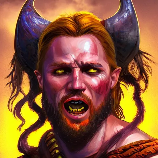 Prompt: Bright, colorful, realistic Viking rpg single individual headshot gore covered scream dramatic backlighting, kodachrome, high contrast, highly detailed, sharp focus, digital painting, concept art, illustration, trending on artstation, comic book by Alex Ross cover art