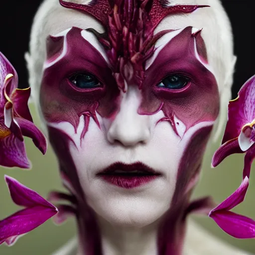 Image similar to a demon inspired by orchids created by the make up artist hungry, photographed by andrew thomas huang, cinematic, expensive visual effects