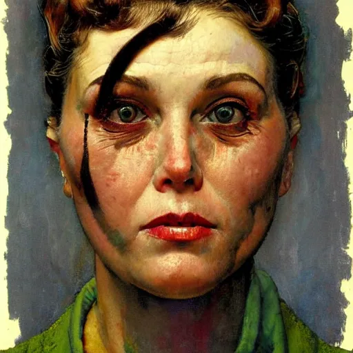 Image similar to Frontal portrait of a biopunk woman. A painting by Norman Rockwell.