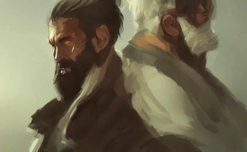 Prompt: a painting of the all father trending on artstation in the style of greg rutkowski, beautiful, male, sensual, wise, natural skin, black beard, leader, staff, 1 5 0 0 s