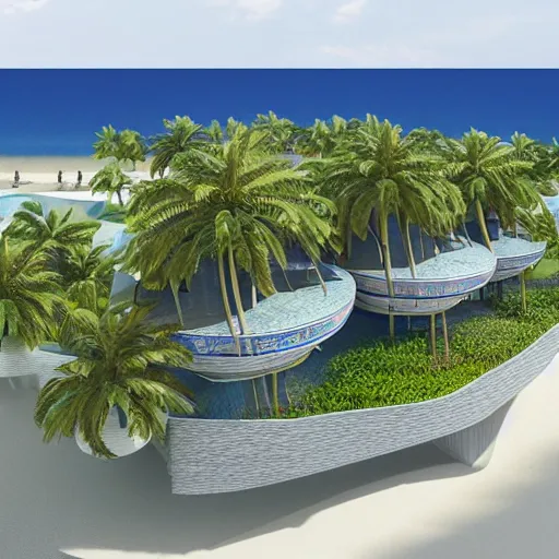 Image similar to architectural renderings, a seaside visitor center consisting of three mushroom - shaped buildings on the blue sea with tall coconut trees ， detailed