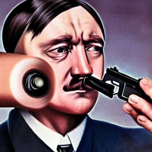 Image similar to photo of adolf hitler pointing a gun to his head while crying in the style of martin schoeller