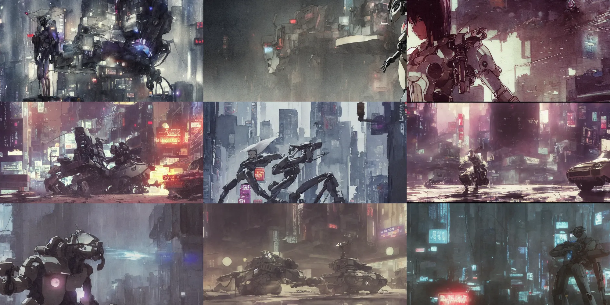 Prompt: incredible screenshot, simple watercolor, masamune shirow ghost in the shell movie scene close up broken Kusanagi tank battle, brown mud, dust, tank with legs, robot arm, ripped to shreds, emotional face shot ,light rain, glowing atari sign, japanese advertisements on buildings, hd, 4k, remaster, dynamic camera angle, deep 3 point perspective, fish eye, dynamic scene