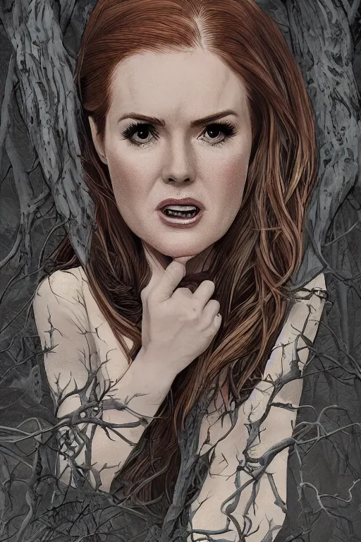 Image similar to isla fisher in sleepy hollow, full body, big two toned eyes, teeth gritted, horror, intricate details, cinematic, epic, realistic, anatomy, tomer hanuka, uplight, artstation, photorealistic, scary