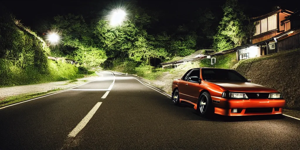 Prompt: Beautiful Photograph of a Nissan Silvia on a road in Japanese countryside, Night