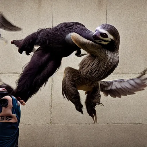 Image similar to sloth fighting a pigeon kung fu style standing, facing each other, aggressive sloth vs a muscled pigeon, best photo award, high quality 8 k, cinematic lighting