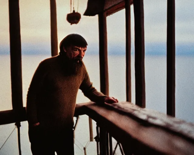 Image similar to award - winning lomographic tarkovsky film still of 4 0 years russian man with beard and sweater standing on small hrushevka 9 th floor balcony in taiga looking at sunset, kodak ektar, bokeh