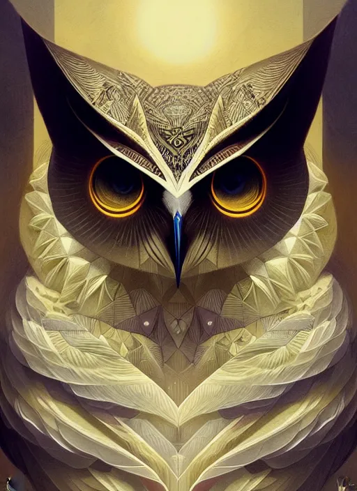 Image similar to portrait of a geometric owl, identical eyes, medium shot, illustration, full body made of white feathers, symmetrical, art stand, super detailed, cinematic lighting, and its detailed and intricate, gorgeous, by peter mohrbacher