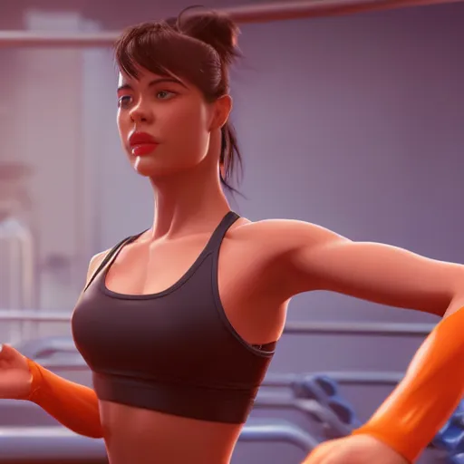 Prompt: still of woman working out, disney, comic book style, gym, highly detailed, 16k resolution, octane renderer, coherent