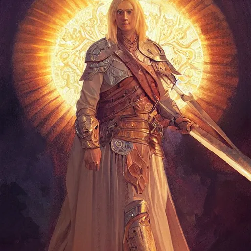 Image similar to portrait of an aasimar paladin blond young man with amber eyes wielding his flaming blade, strong, sofisticated, fantasy, highly detailed, digital painting, artstation, concept art, character art, art by greg rutkowski and tyler jacobson and alphonse mucha