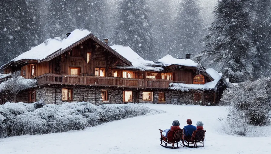 Image similar to old couple in rocking chairs living in old wooden chalet built in snowy mountains, snowing, trees, hyperdetailed, artstation, cgsociety, 8 k