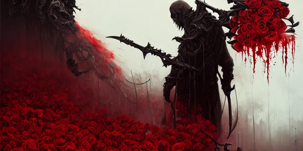 Image similar to poster style, a beautiful and terrifying painting with high details of a panoramic view of a reaper holding a long sickle, with red fluid white roses in the foreground, movie atmosphere, movie lights, 8 k, light effect, rtx on, trending on artstation, by kilian eng, lee madgwick, bastien lecouffe - deharme