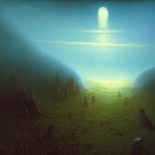 Image similar to a fantasy landscape paintet by beksinski. oil painting. lovecraft. moody. godrays. volumetric light. trending on artstation.