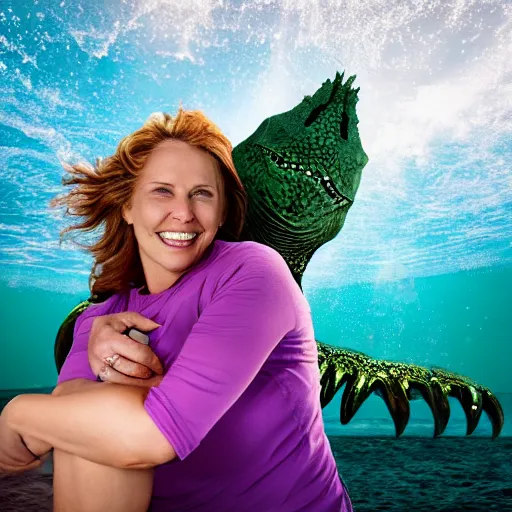 Image similar to Photostock of a soccermom happily married to a sea monster.