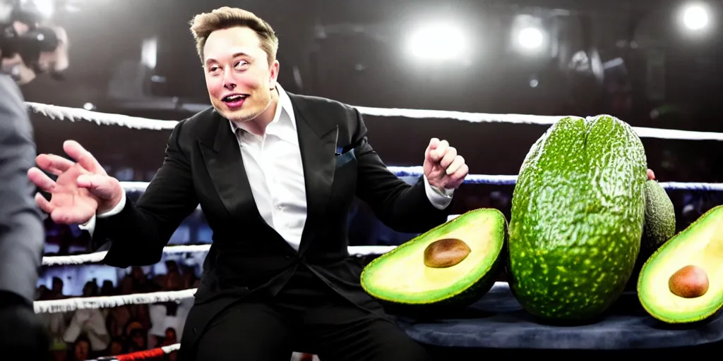 Prompt: elon musk inside of a giant avacado, realistic, cinematic photogtaphy, fruit celebrity, avacado dream, elon musk dresms of sitting inside of avacados, avacado chairs, avacado halloween costumes, in a boxing ring, photography, cinematic lighting, dramatic feeling