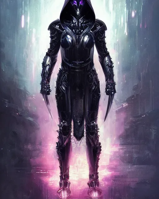 Prompt: the omnipotent assassin, vivid award winning digital artwork, intricate black sharp iridescent hooded semi - cybernetic armour, beautiful iridescent technology and weapon, black spikes, glowing skin face, detailed realistic colors, character art by greg rutkowski and artgerm
