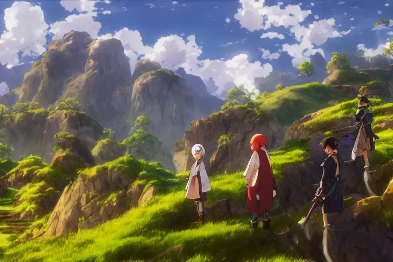 Image similar to wallpaper, 4 k, digital art, genshin impact, photorealism, realistic, unity, unreal engine, blue skies and rolling green fields, rpg isekai adventurers, anime, mountains, by hayao miyazaki, by studio ghibli, high quality, stunning, amazing work of arts, inspirational