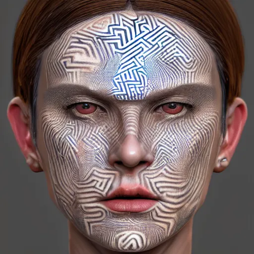 Image similar to : androgynous person with maze pattern skin all over hyper detailed art station  dalle2 contest winners unrealengine trending on artstation,cinematic, hyper realism, high detail, octane render, 8k