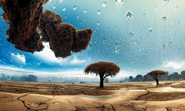 Image similar to beautiful panorama of many magnificent big upside-down raindrops in a perfect cloudless blue sky above a dried up river, desolate land, dead trees, blue sky, hot and sunny highly-detailed, elegant, dramatic lighting, artstation, 4k, cinematic landscape, masterpiece photograph by Elisabeth Gadd, Zdzislaw Beksinski, National Geographic