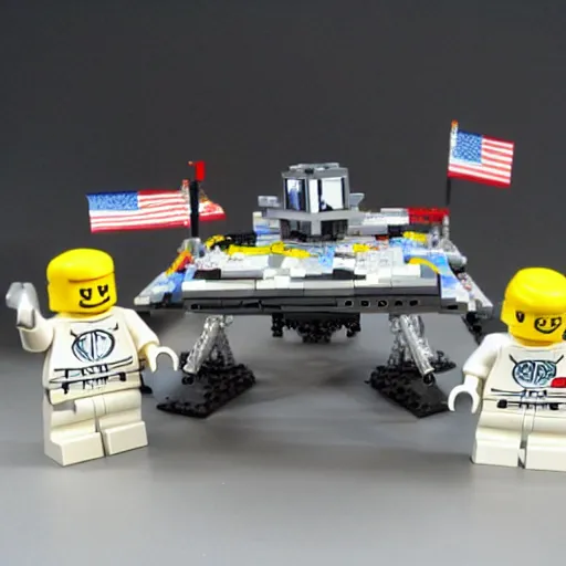 Image similar to lego set of neil armstrong and lunar module on moon