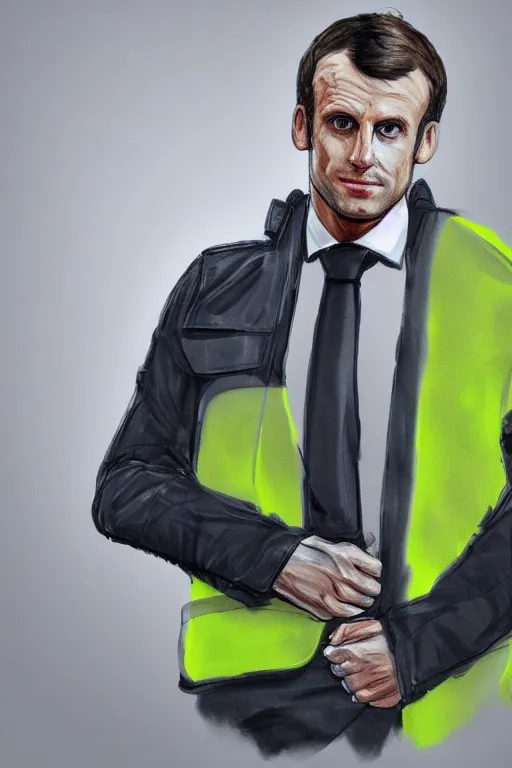 Prompt: emmanuel macron wearing a hivis police coat, highly detailed, digital art, sharp focus, trending on art station