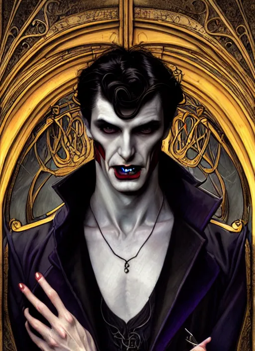 Image similar to an art nouveau, male vampire portrait in the style of charlie bowater, and in the style of donato giancola, and in the style of charles dulac. very large, clear, expressive, intelligent eyes. symmetrical, centered, ultrasharp focus, dramatic lighting, photorealistic digital painting, intricate ultra detailed background.