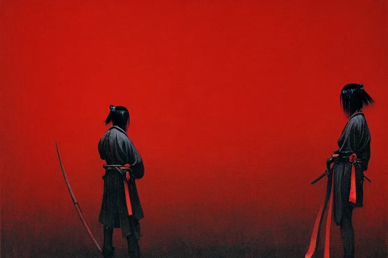 Image similar to only with red, a red samurai harakiri, tokio, a lot of frogs watch, in the style of beksinski, parts by edward hopper, parts by rodcenko, parts by yue minjun, intricate and epic composition, red by caravaggio, insanely quality, highly detailed, masterpiece, red light, artstation, 4 k