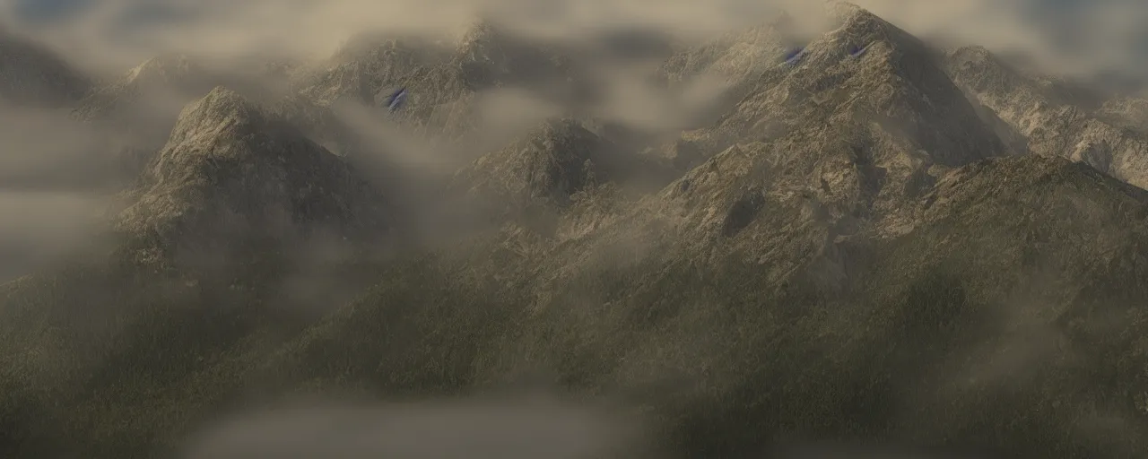 Prompt: two steep mountain peaks, with villages at the peak, digital art, far away, low fog layer