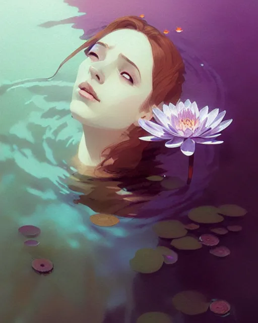 Prompt: hyper - realistic portrait of a ophelia underwater, water lilies, by atey ghailan, by greg rutkowski, by greg tocchini, by james gilleard, by joe fenton, by kaethe butcher, dynamic lighting, gradient light purple, brown, blonde cream and white color scheme, grunge aesthetic