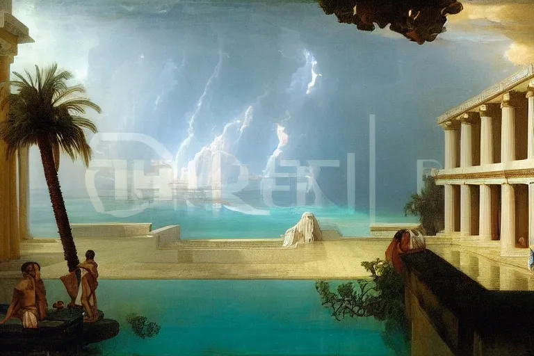 Image similar to Palace floating in heaven, 1km tall, thunderstorm, greek pool, beach and palm trees under the palace, major arcana sky, by paul delaroche, hyperrealistic 4k uhd, award-winning very detailed, heaven paradise